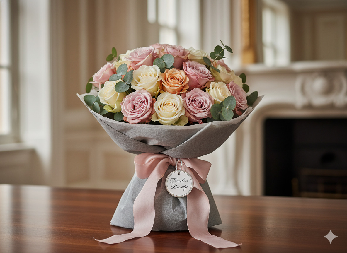 Elegant rosenbuket med eukalyptus