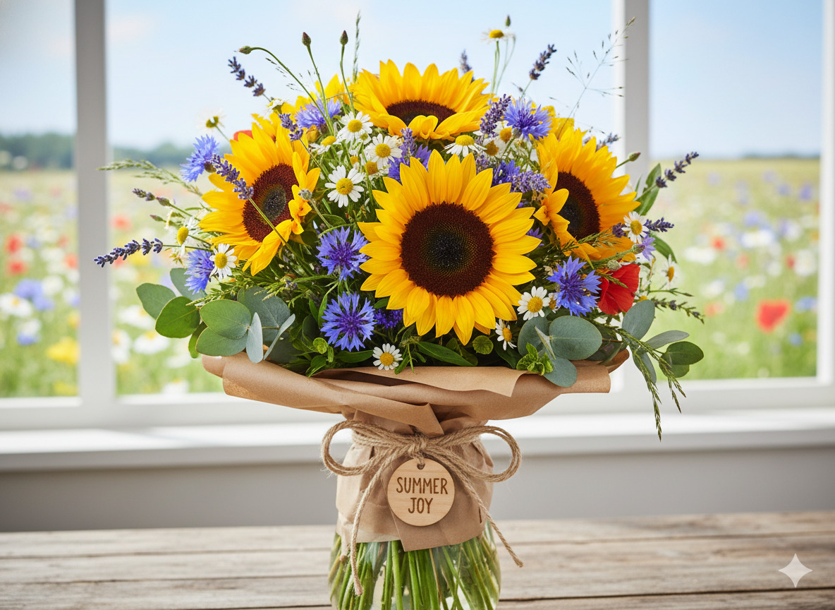 Farvrig sommerbuket med solsikker
