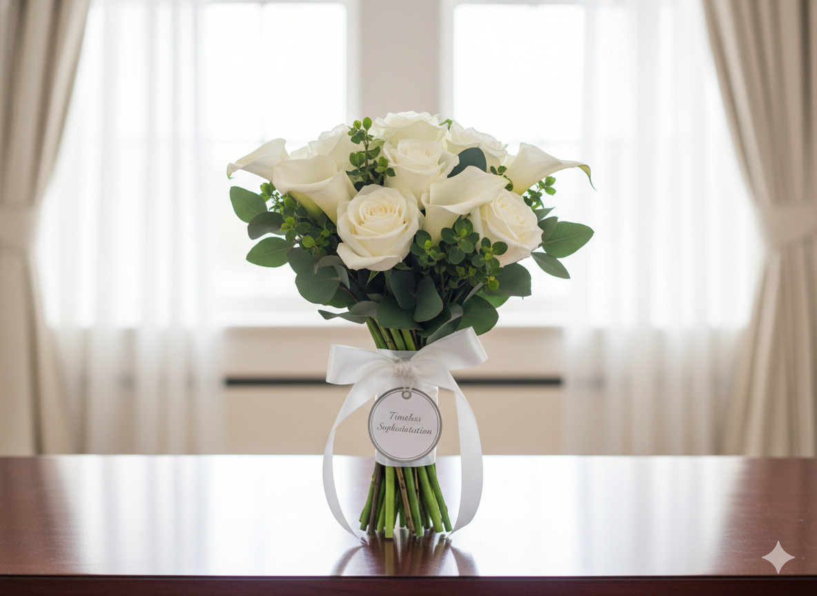 Minimalistisk hvid buket med grønne blade